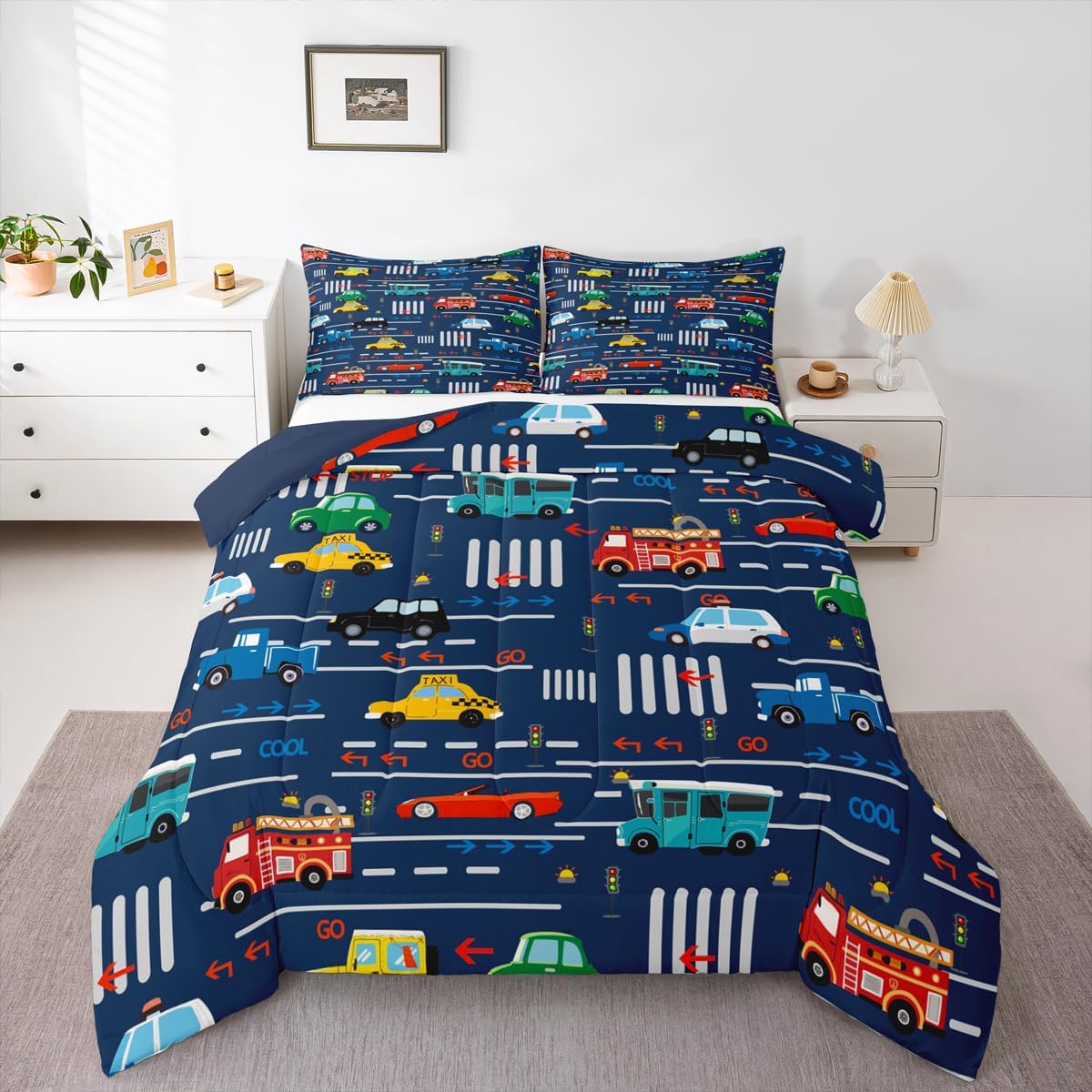 Feelyou Cartoon Car Bedding Set Queen Size Transport Vehicles Cars Comforter Set Cartoon Fire Truck Comforter for Kids Boys Girls Traffic Light Duvet Set Quilt Queen Size Boys