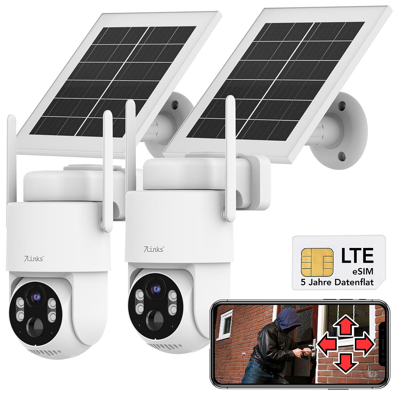 7links Überwachung Outdoor: 2er-Set 4G/LTE-Akku-Außenkameras, eSIM & 5 Jahren Datenflat, 2K, Solar (Akku Außenkamera, Kamera eSIM, SIM)