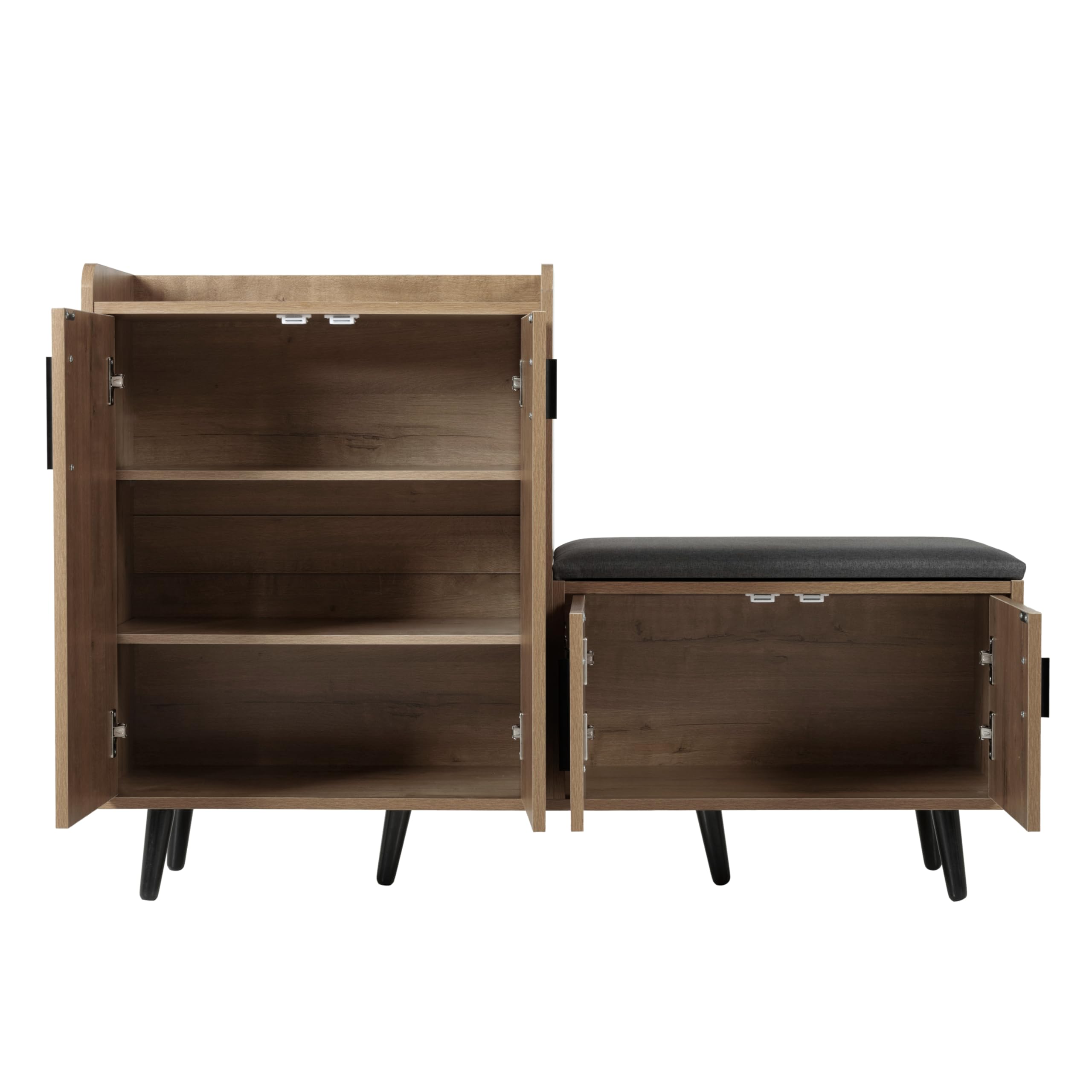 Zapatero moderno, equipado con cuatro puertas de almacenamiento, asas de metal asimétricas, ancho 120/D34/alto 82,8 cm (natural, B120/D34/H82,8 cm)