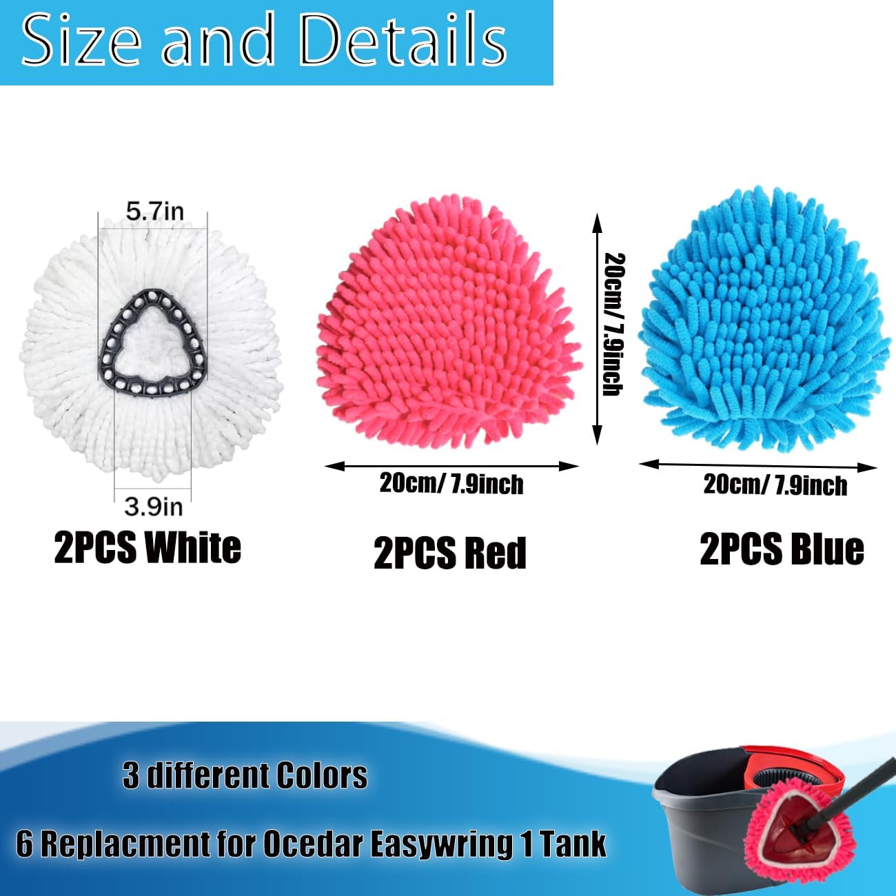 6 Pack Spin Mop Head Replacements Compatible with OCedar Easywring 1 Tank,4 Chenille Duster Mops Pad Refill Compatible with Oceda,Includes 2 PCS Microfiber Mops,White Red Blue,Machine Washable