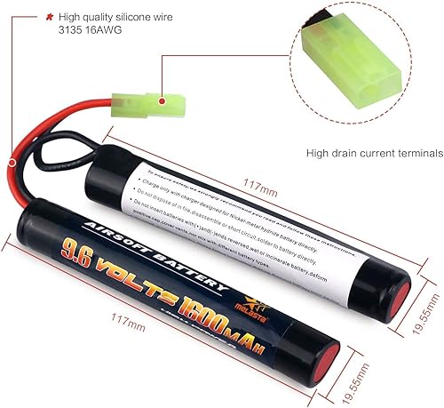 Miniatura 2 de melasta Paquete de 2 baterías NIMH Butterfly Nunchuck de 9.6 V 1600 mAh compatibles con mini pistolas Tamiya Airsoft M4, G36, M110, SR25, M249,