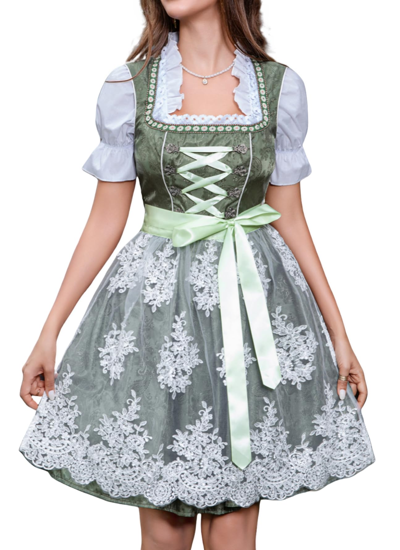 Abaowedding Dirndl Damen Midi Trachtenkleid Trachtenmode Trachtenrock 3 Teilig Dirndlkleid inkl. Spitzendirndlschürze Dunkelgrün Kleid und Bluse(L)