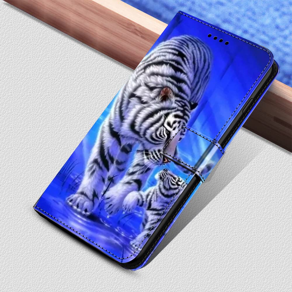 EuoDuo Compatibile con Oppo A57 4G / Oppo A57s Cover Libro con Disegni Custodia Portafoglio Magnetica in Pelle PU Completa Protettiva Caso Flip Wallet Case - Blu Bianco Tigre