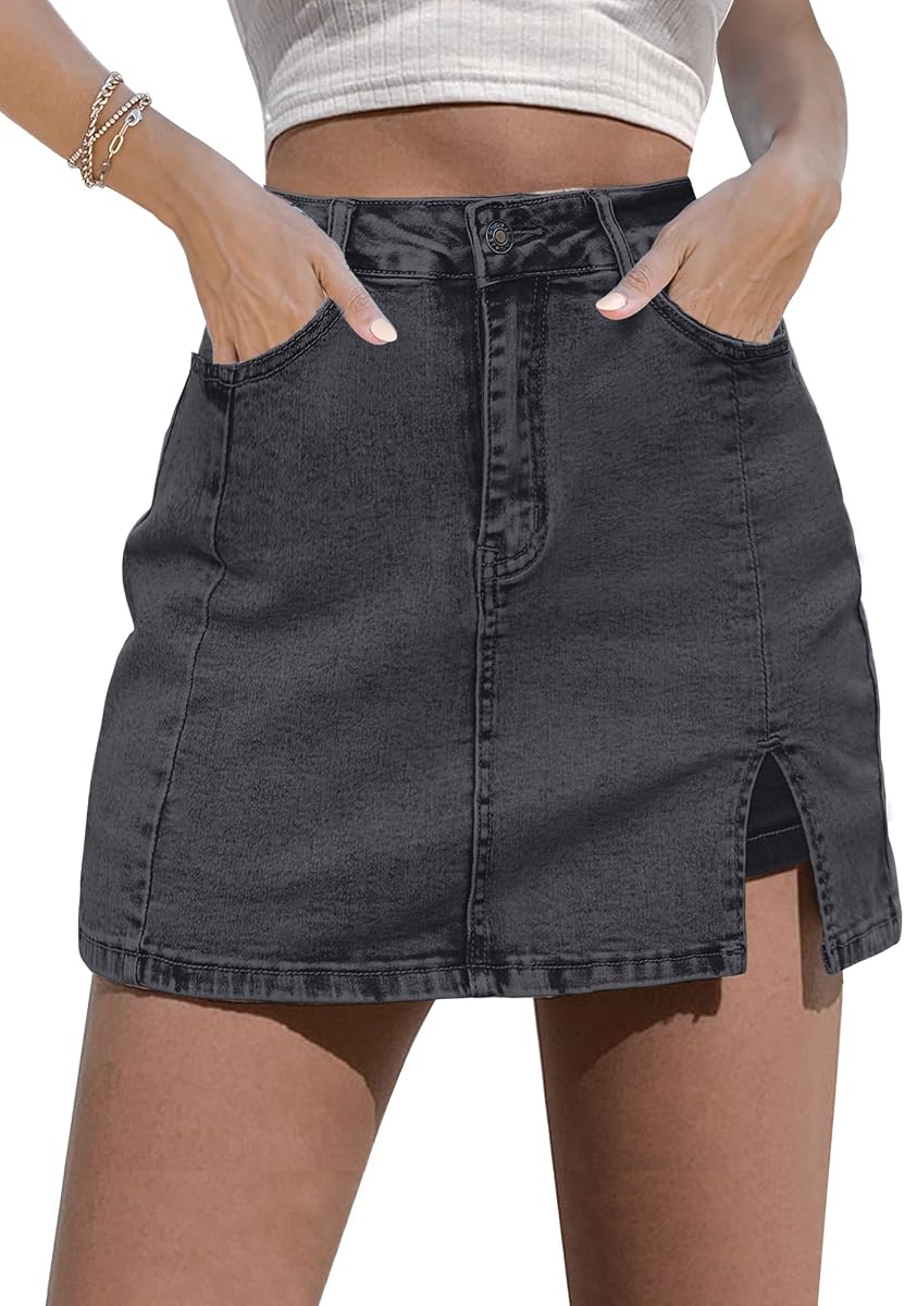 Jean Skort Women High Waisted Stretchy Denim Mini Skirt Side Slit