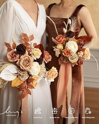 Miniatura 6 de Ling's Moment Flores artificiales de 3 pulgadas, 25 piezas de flores marrones artificiales con tallo, flores de otoño para decoración de boda, ramos