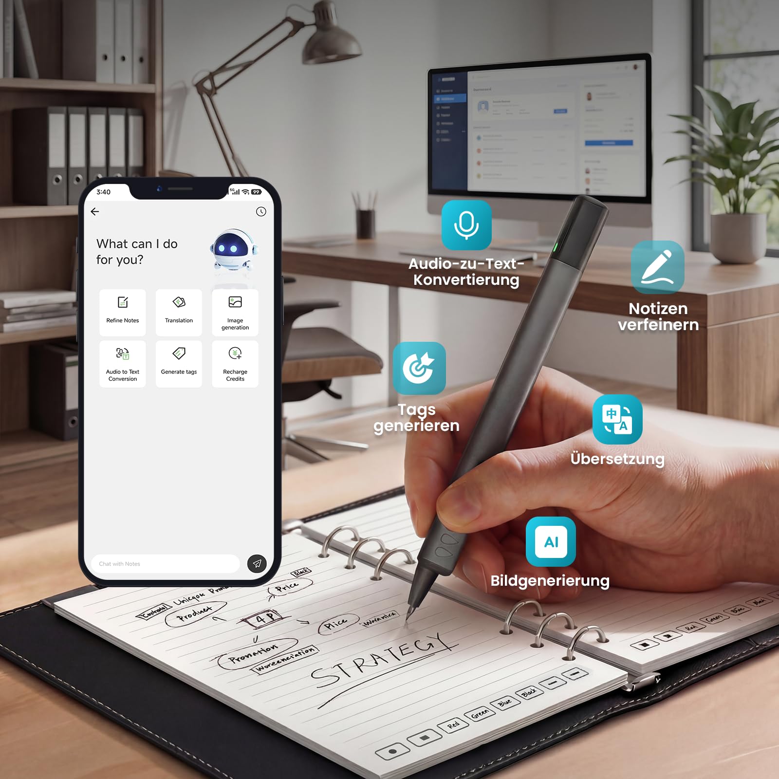 KI Smart Writing Set, Erkennt 73 Sprachen, Audio zu Text, Chat mit Notizen | Intelligenter Stift für Büro, mit Wiederverwendbares Notizbuch und LCD Schreibpad,für Büro, Meeting & Geschäftsleute, Schwarz