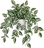 Briful Faux Watermelon Peperomia Artificial Potted Silk Plant - Realistic Cascading Vine for Home Office Desk Shelf Decor (Green/White)