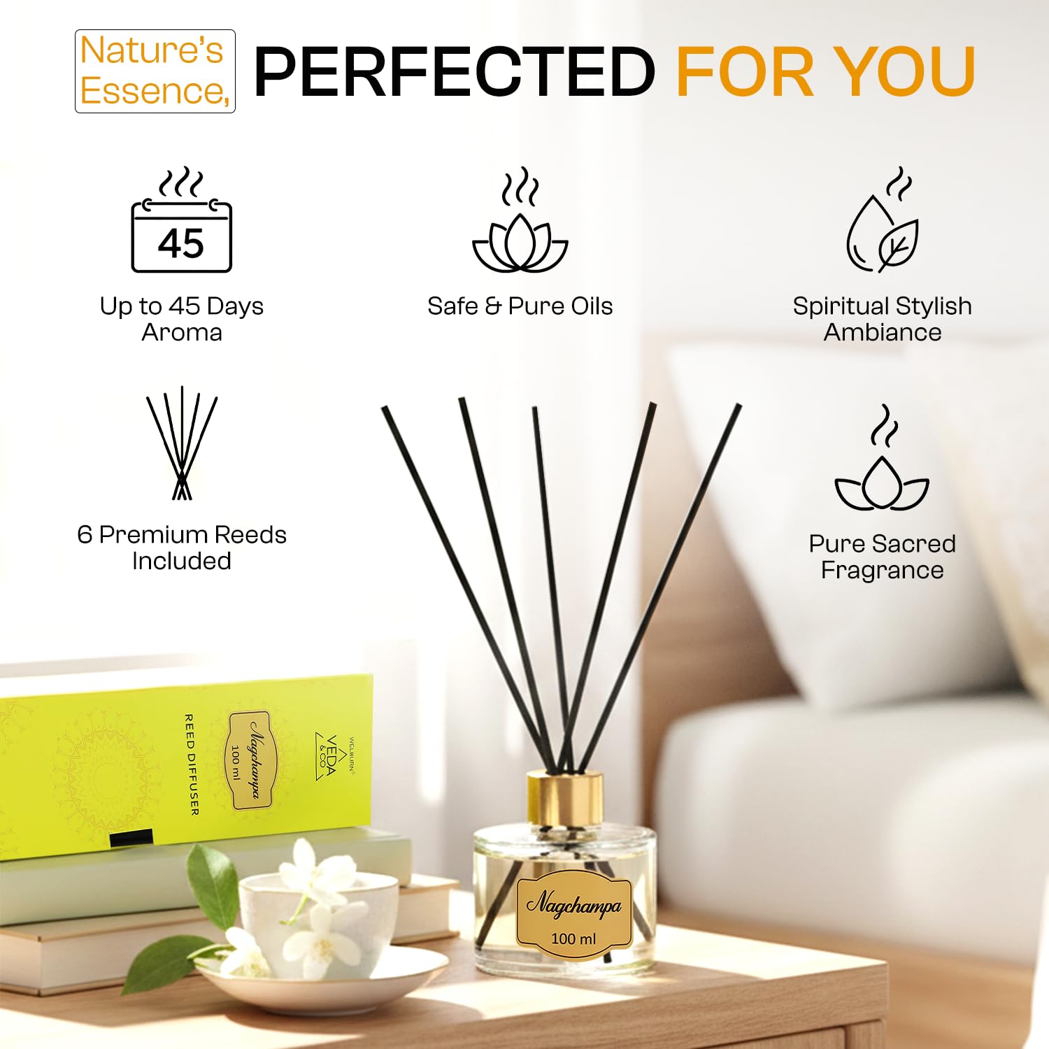 Welburn Veda&Co® Nagchampa Scented Reed Diffuser – 100ml | Long Lasting Aromatic Fragrance for Home Office Living Room Bedroom | Spiritual Air Freshener Decor | 6 Free Reeds | Ready-to-Use Oil Blend 3