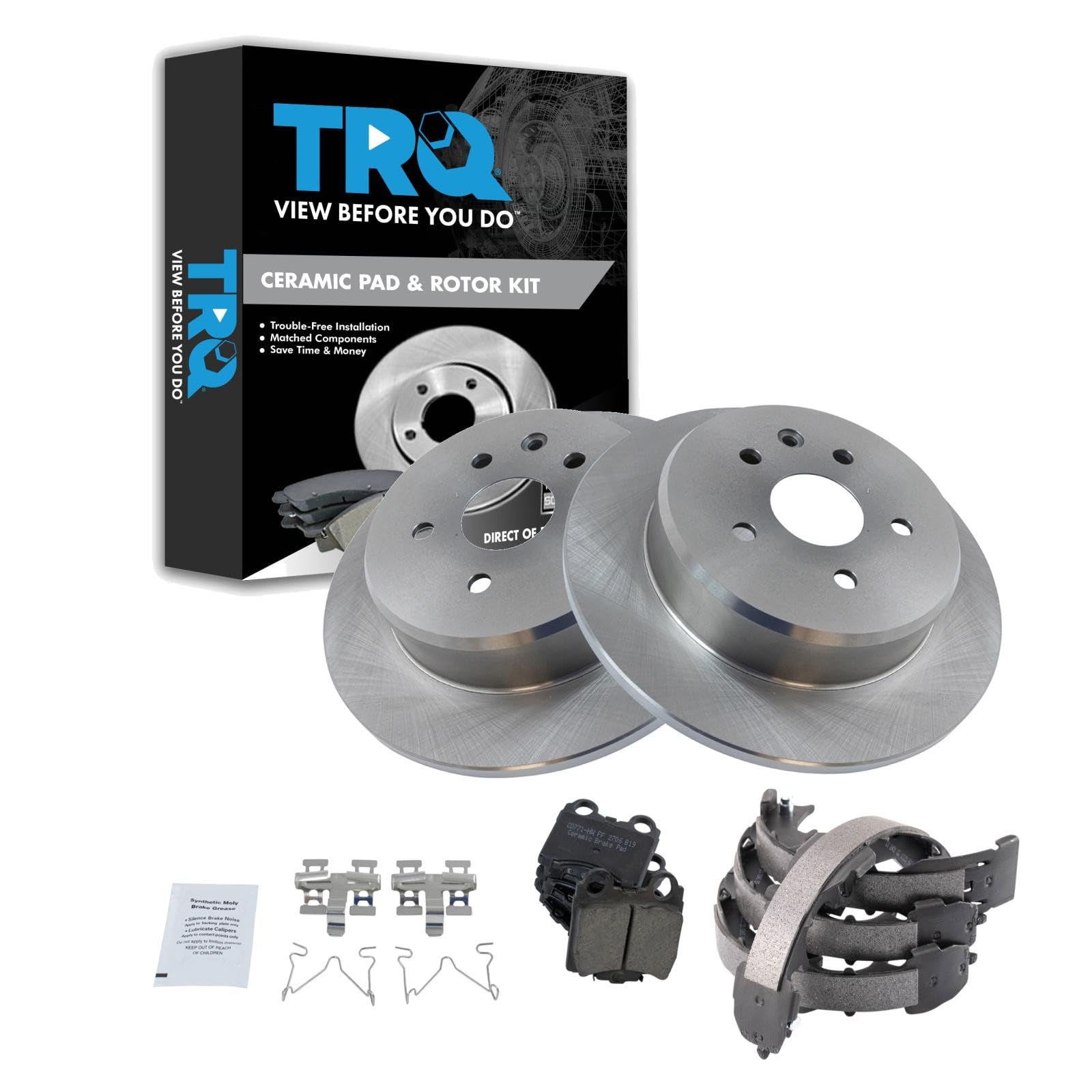 TRQ Rear Brake Pad and Rotor Set Ceramic Parking Brake Shoes Compatible with 1998-2005 Lexus GS300 1998-2000 GS400 2001-2005 GS430 IS300 2002-2010 SC430