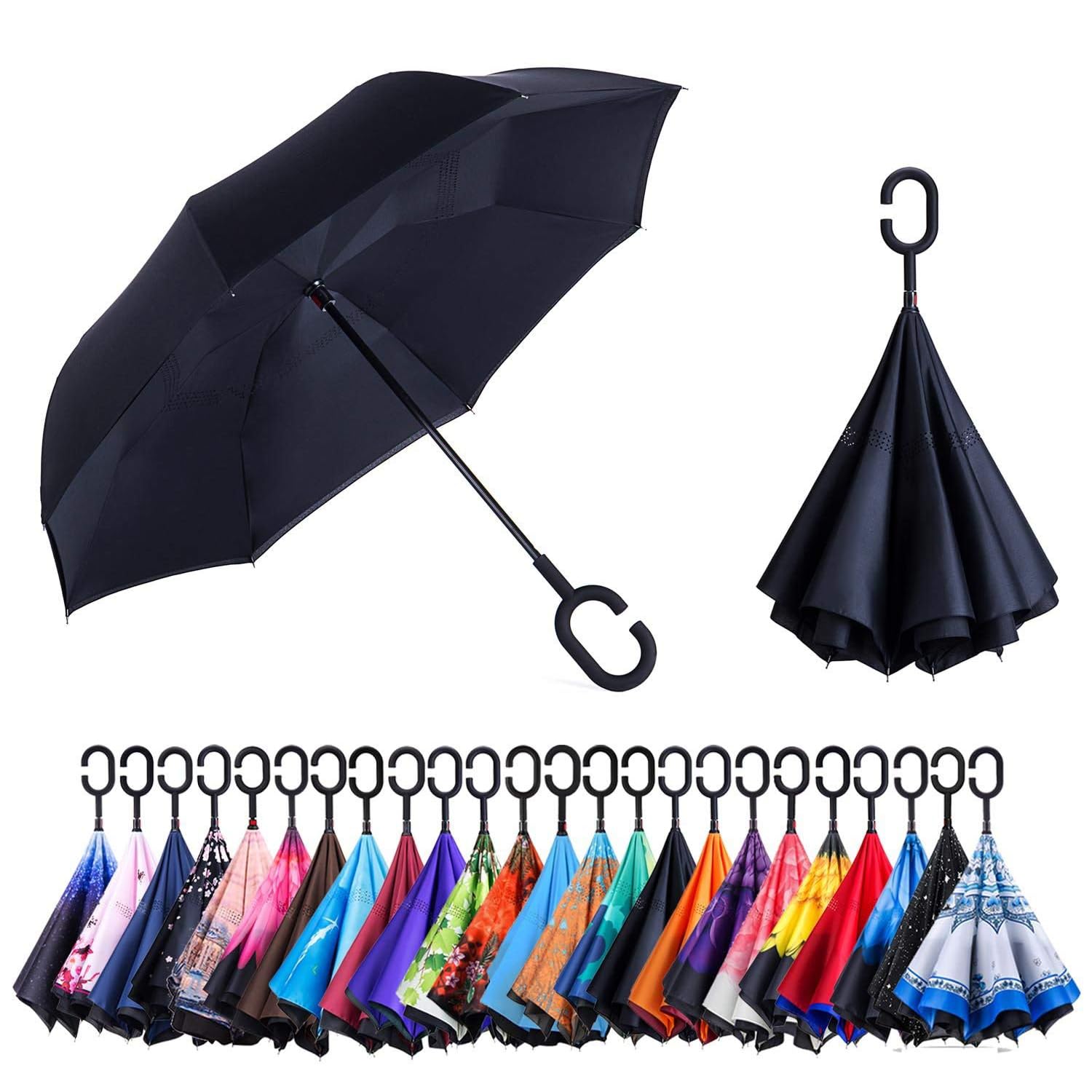 CICILIAYADouble Layer Folding Inverted Umbrella, Self Stand Upside-down Rain Protection Car Reverse Umbrellas with C-shaped Handle Big Straight Umbrella