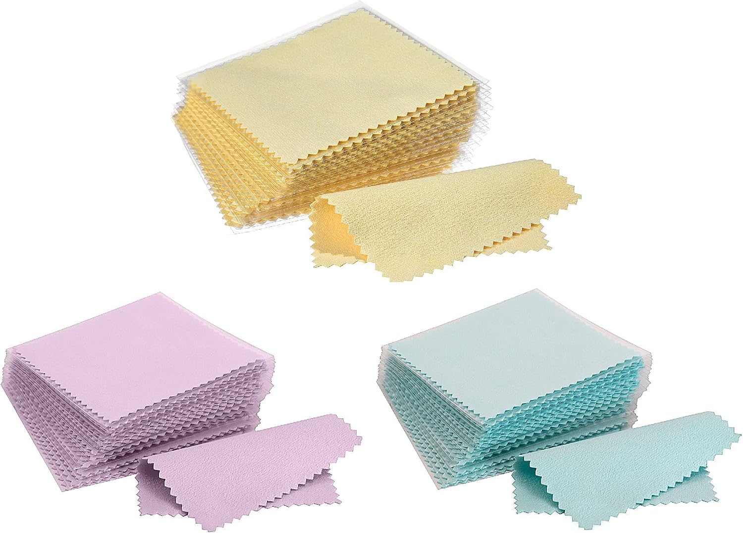 CATIFLIN 300pcs Jewelry Cleaning Cloth, Silver Polishing Cloth Individually Wrapped, Small Jewelry Polishing Cloth for Sterling Silver, Gold, Platinum (Yellow, Sea Blue, Purple, 3.15" x 3.15")