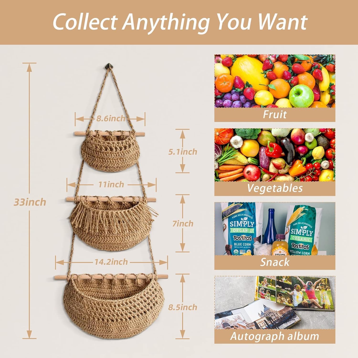 Lot de 4 corbeilles à fruits à suspendre au mur pour fruits et légumes, corde de jute tissée, support de rangement mural à suspendre sur la porte, organiseur avec 8 crochets pour cuisine, chambre à