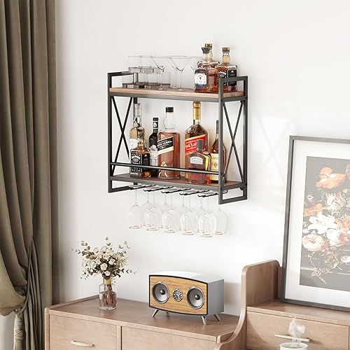 Miniatura 5 de POLUNCA Estante de tubo industrial para vino montado en la pared de 2 niveles, estantes flotantes colgantes para licor con soporte de vidrio para