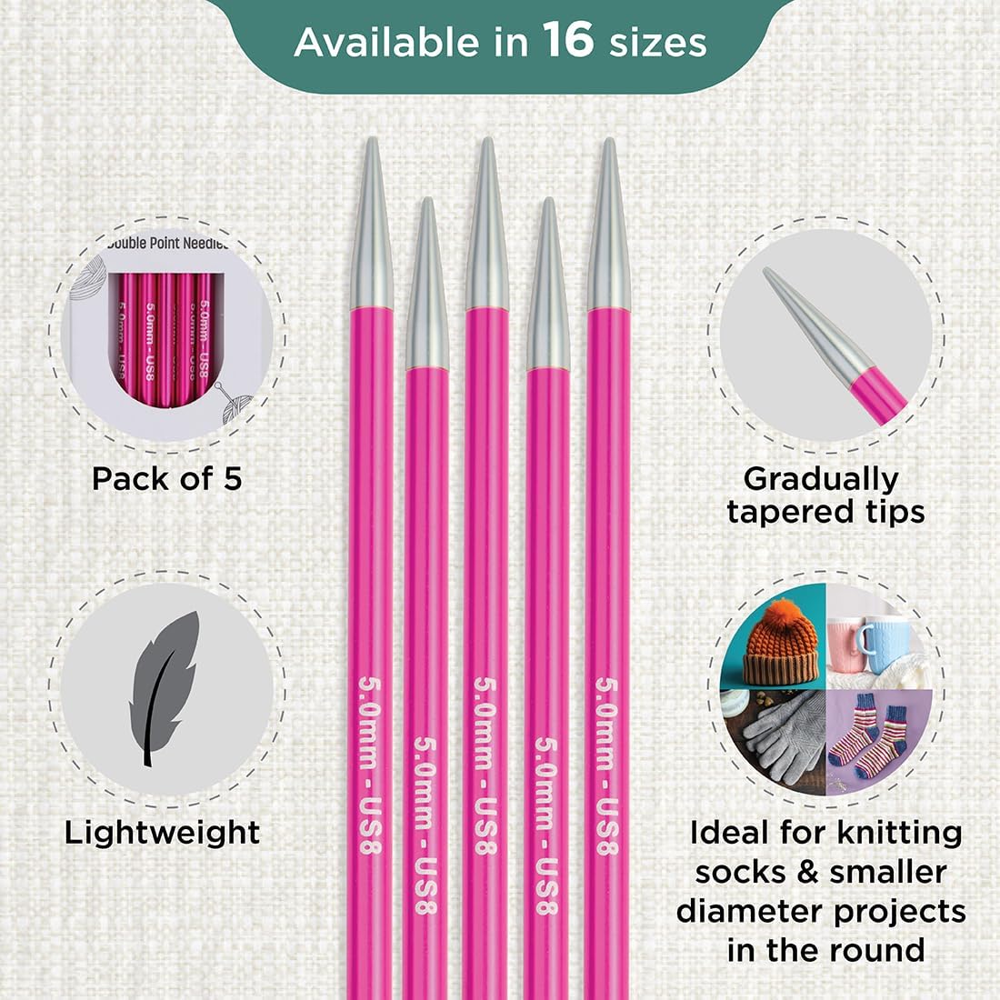 KnitPro Zing Double Pointed Needles 8" (20cm) | US Size 8 (5mm)