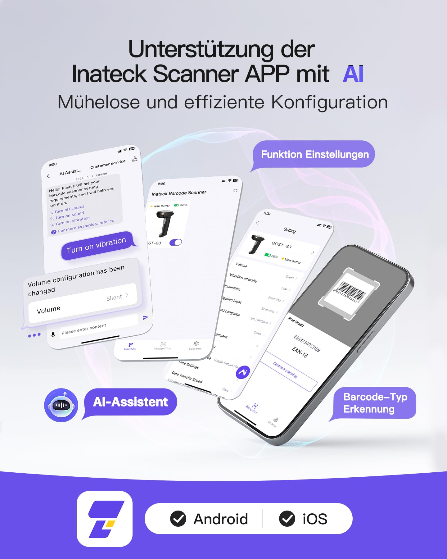 Inateck Barcode Scanner Kabellos, 1D 2D QR Code Scanner, BCST-23 Dunkelgrau | 3-in-1 mit Bluetooth, 2,4 GHz und USB Kabel, Bildschirm-Scannen Unterstützt, 2600mAh für 3 Monate Standby, mit APP und SDK