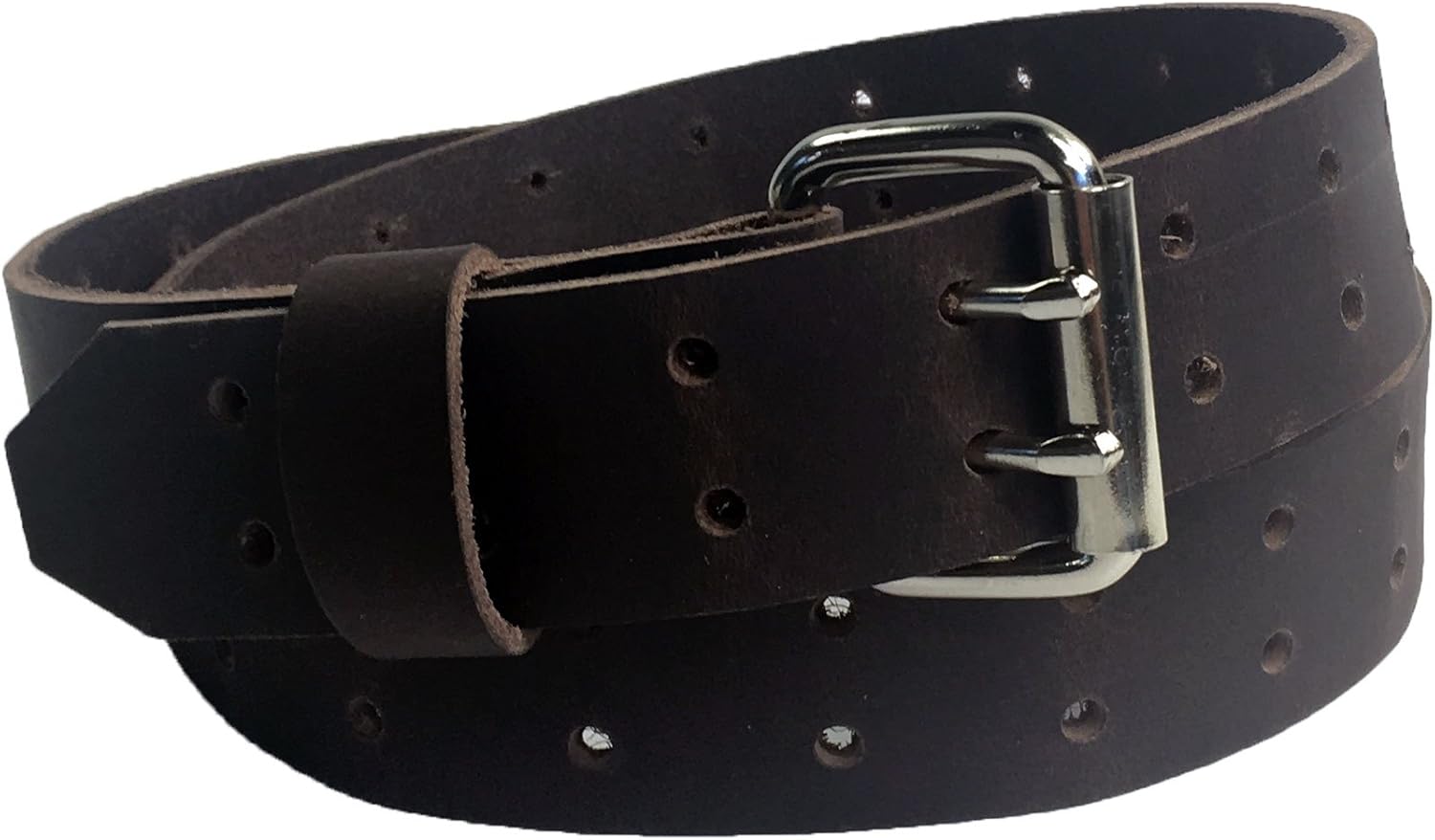 1-1/2" Genuine Oiled Buffalo Leather Belts 2-Prong Double Holes (Brown, 32)