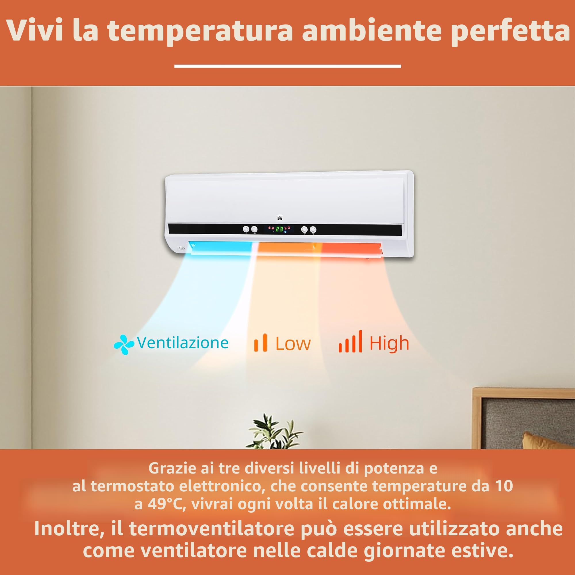SHX Termoventilatore PTC a parete 2000W SHX501HEAT2023 - Elemento riscaldante PTC, 2 livelli di riscaldamento, 3 modalità di funzionamento, 2000 Watt, termostato elettronico, programmazione timer,