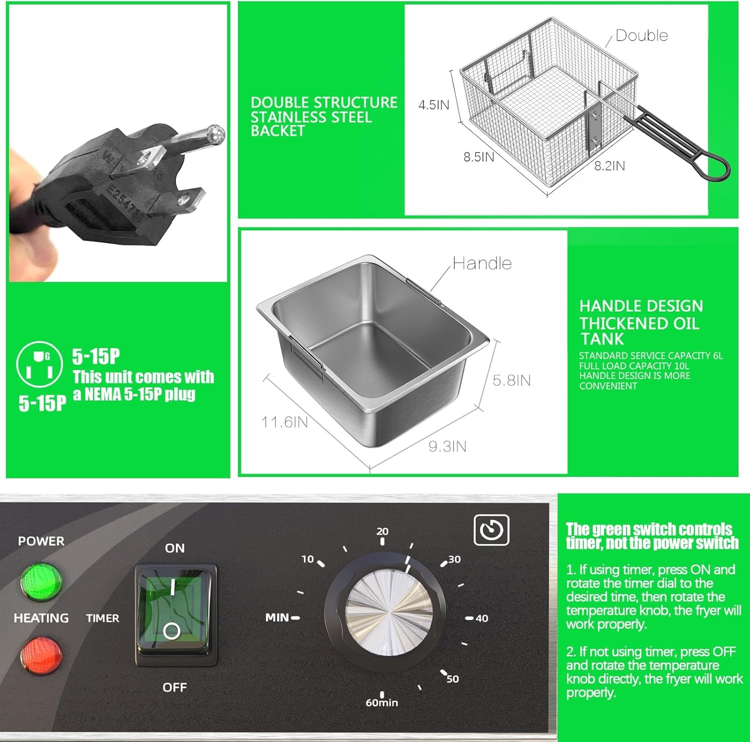 Friggitrice elettrica da banco da 10 Litri in Acciaio Inox con cestello e Coperchio, 1800 W, Timer da 60 Minuti, Ideale per la Cucina Domestica e Professionale.
