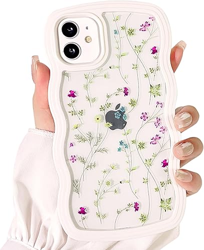 NITITOP Funda compatible con iPhone 1212 Pro, bonito marco de ondas de pulverización transparente para mujeres y niñas, diseño de flores rizadas,