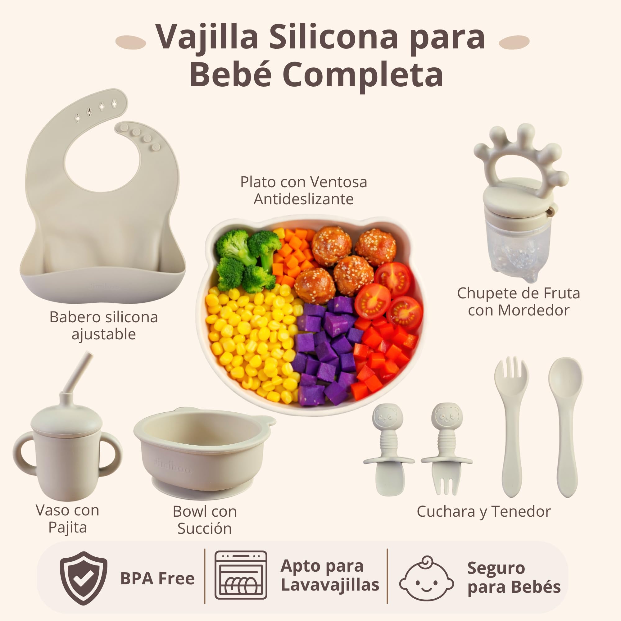 Vajilla Bebé Silicona BLW Completa con Ventosa – Set Alimentación Complementaria 6 Meses+, Plato y Bol Antideslizantes, Babero Ajustable, Vaso Pajita Antiahogo y Chupete Fruta de Regalo, Libre de BPA — view 2