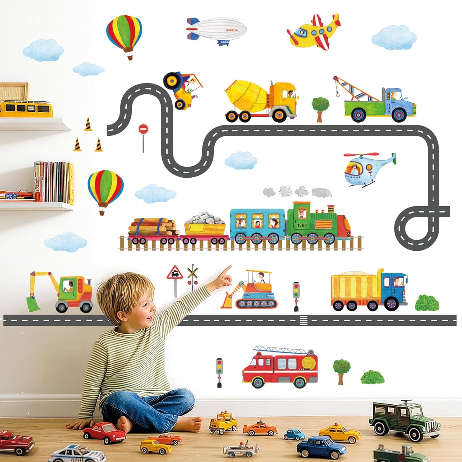 DECOWALL SG2-2107 Construction Transportation Wall Decals Car Truck Tractor Road Stickers for Kids Boys Living Room Decor Bedroom Playroom Nursery Peel and Stick Removable