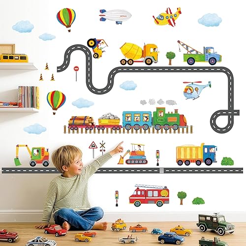 Vista 2 de DECOWALL SG2-2107 - Calcomanías de pared de transporte para construcción, automóvil, camión, tractor, carretera, calcomanías para niños, decoración