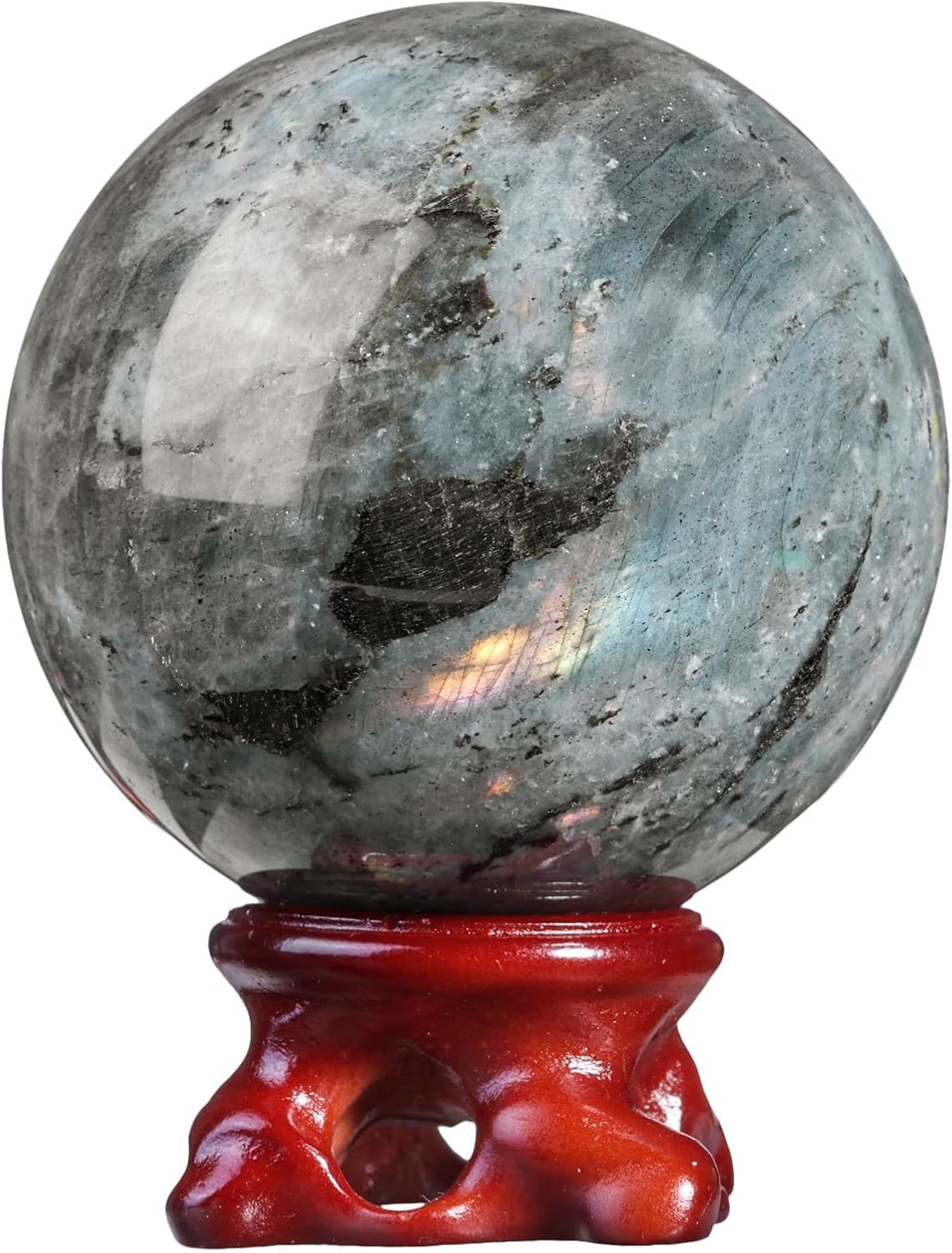 Rockcloud Natural Labradorite Crystal Ball with Resin Stand, Polished Crystal Sphere Decorative Ball Sculpture Figurine for Meditation Fengshui Home Decor, 2.40-2.75 Inches