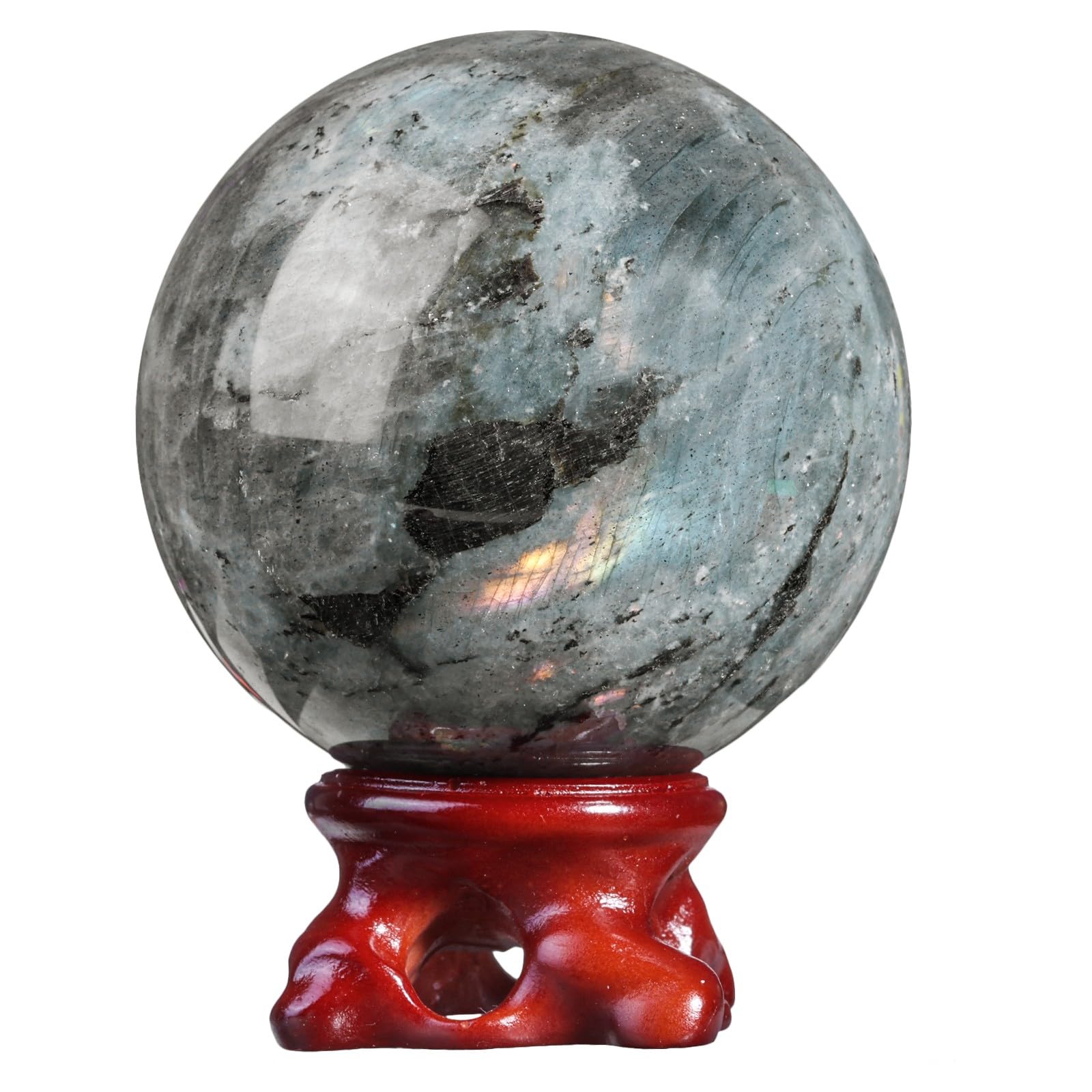Rockcloud Sfera di labradorite naturale con supporto in resina, sfera di cristallo lucida, scultura decorativa per meditazione Fengshui decorazione per la casa, 6,1 – 7,9 cm
