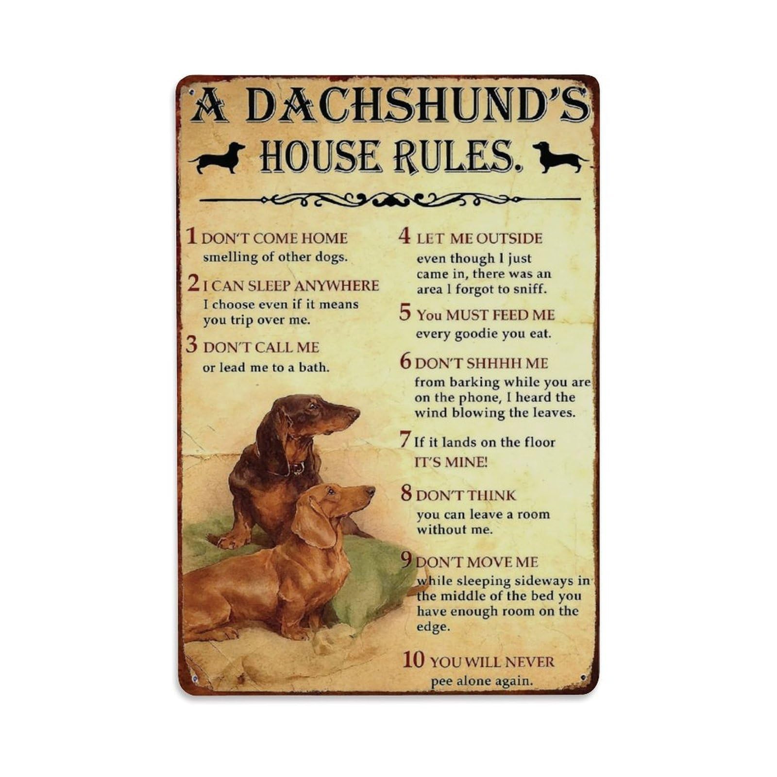 Funny Dachshund House Rules Vintage Aluminum Sign Vintage Aluminium Metal Sign, Retro Wall Decor for Home, Bar, Garage & Farmhouse 30x20cm