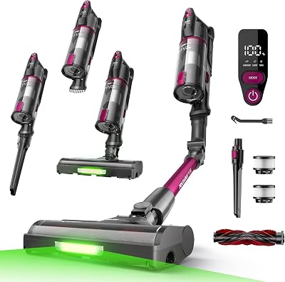 FAMIVAC FV3 Aspiradora sin Cable 60KPa/50Min/120㎡, Barra Plegable, Autoportante con Cepillo Antienredo y Luz Verde, Ligero de 1.5KG, Aspiradora de Mano para Suelos/Alfombras/Pelos/Coche
