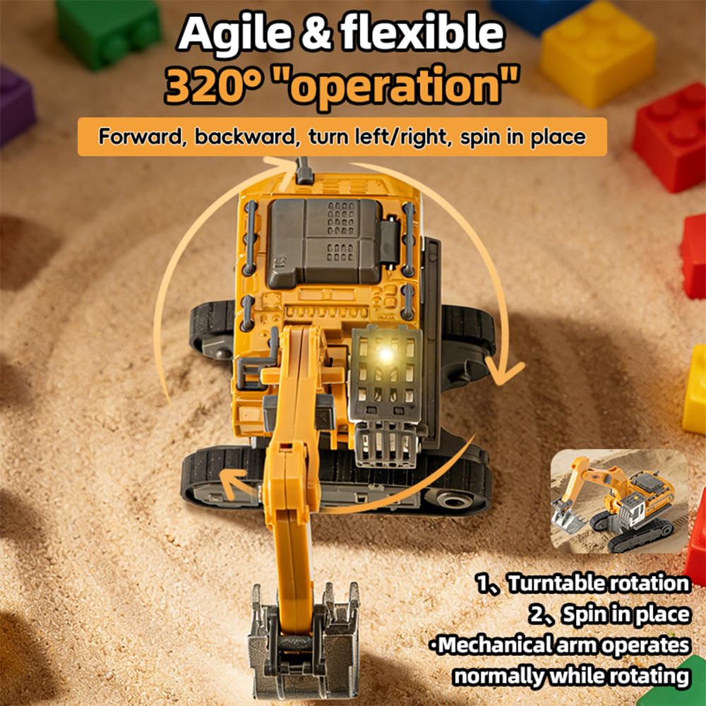 X-Verse 1:64 juguete de excavadora teledirigida, mini excavadora RC con luz y efectos de sonido, rotación de 320°, vehículo de construcción teledirigido para niños, juguete para niños, regalo