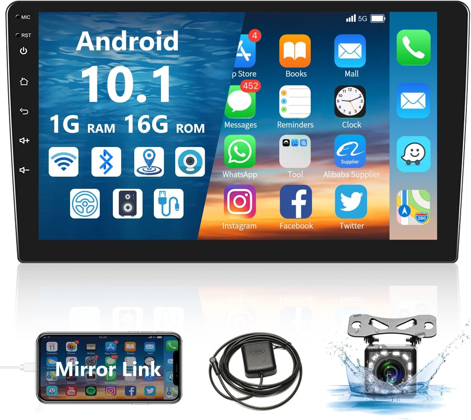 Android Car Stereo Double Din 10.1 Inch Car Radio 2.5D HD Touchscreen Head Unit with Bluetooth GPS Support WiFi FM Radio Dual USB Mirror Link SWC Backup Camera
