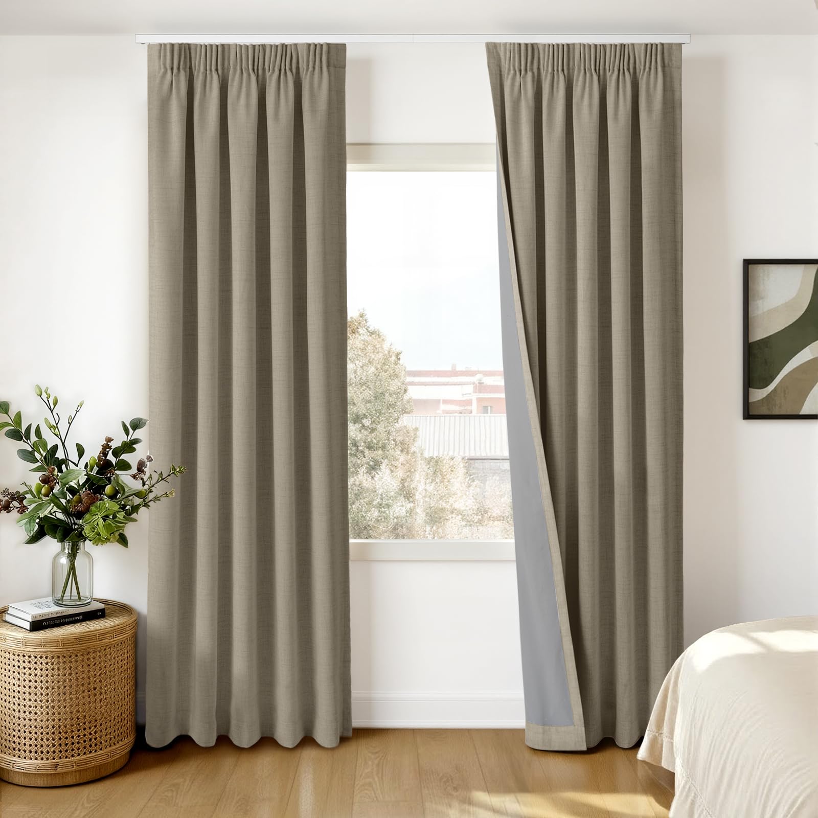 INOVADAY 100% Verdunklungsvorhänge Kräuselband 2 Stück | Gardinen mit Kräuselband Wohnzimmer für Schienensystem, Vorhang Blickdicht Leinenoptik, Thermovorhang Schlafzimmer, OEKO