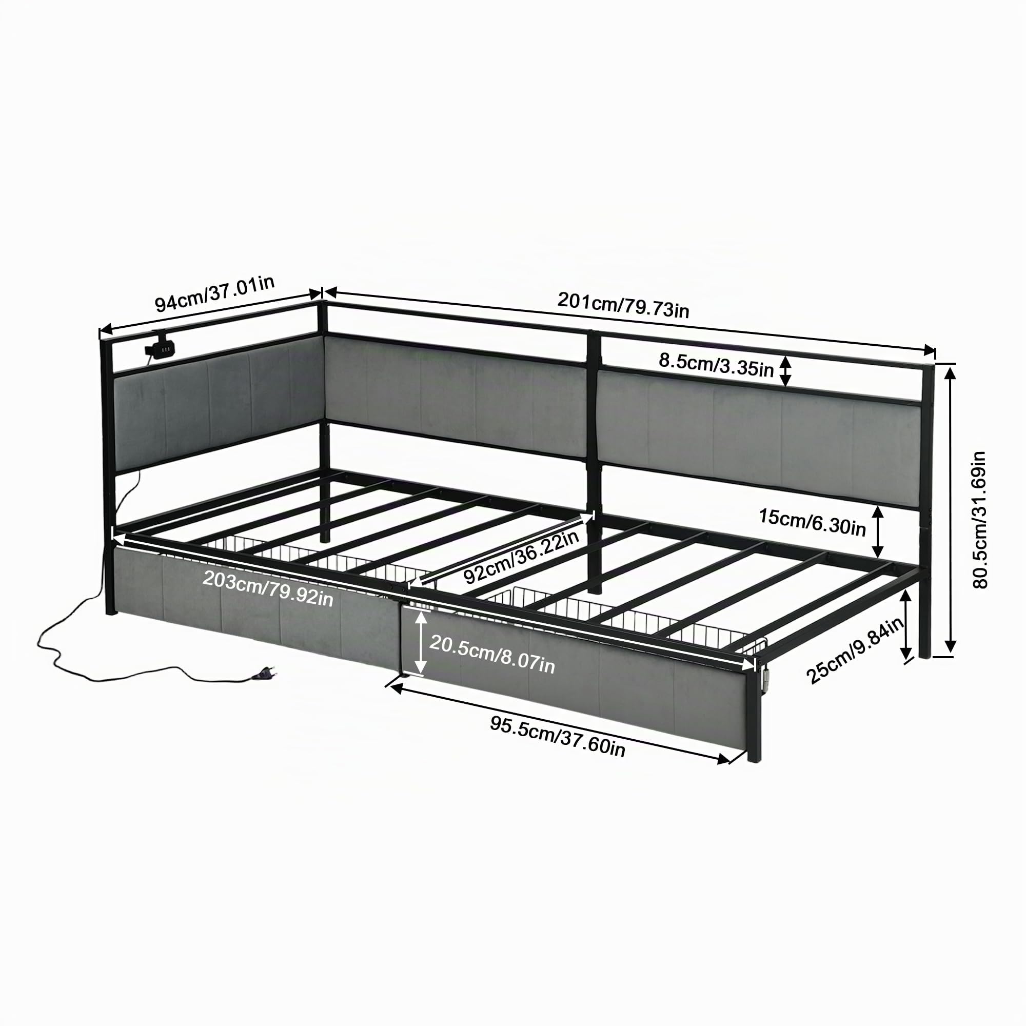 Sofá Cama de 90x200 cm con Luz LED,2 Cajones de Almacenamiento, Cabecero Tapizado en Tela, Puerto USB, Somier de Lamas Metálicas – Cama Individual para Adultos, Niños, Salón o Dormitorio–Gris