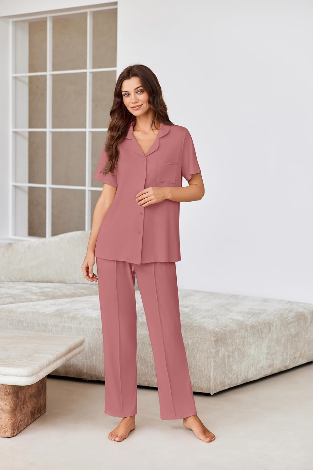 Ekouaer Pajamas for Women Set Button Up Short Sleeve Pjs Sets With Pockets image 2