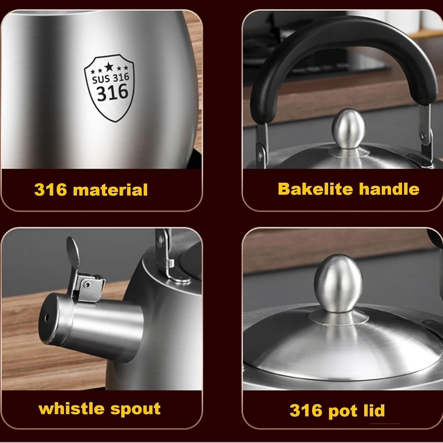 316 Food Grade Stainless Steel Tea Kettle Stovetop, Heavy Duty 4.2 Quart Teakettle, Whistling Teapot for Stove Top, Tea Pot with Ergonomic Handle for Gas, Induction, Electric Stovetops