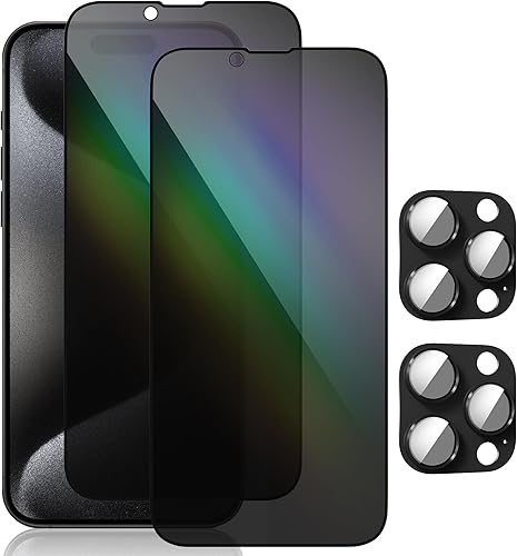 Protector de pantalla de privacidad para iPhone 15 Pro Max con protector de lente de cámara, antiluz azul, antirreflejo, anti-espía color degradado