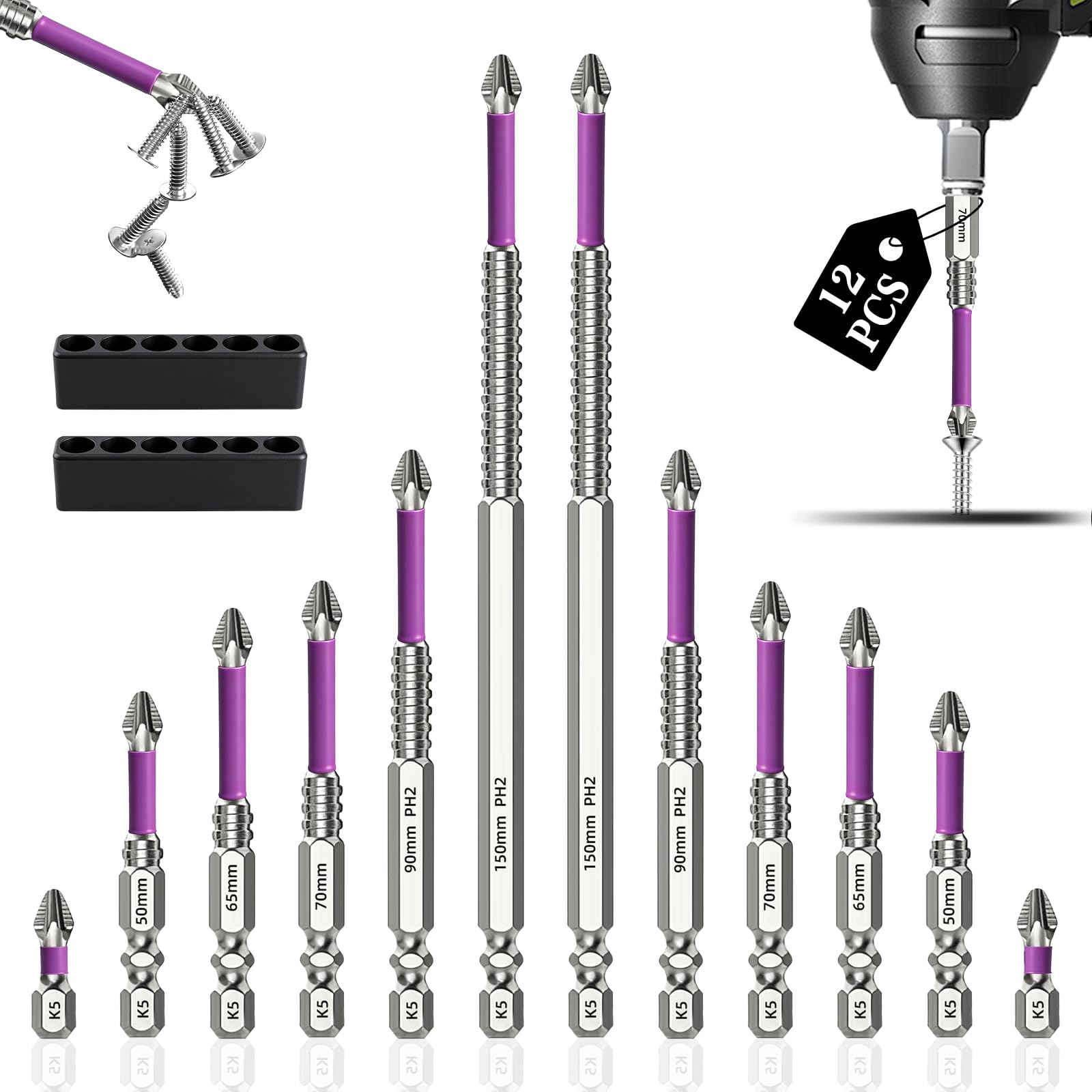 k5 Anti-Rutsch Kreuzschlitz-Bits,High-Magnetic Screwdriver Drill Bit,Antirutsch Bitsatz 25-150mm Anti-Rutsch Phillips Bits für Elektrobohrer Für Schlagbohrmaschine,Akkuschrauber,Handbohrmaschine