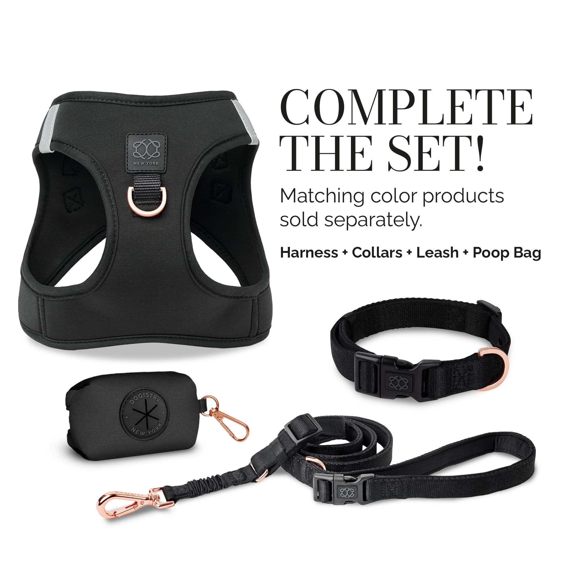 The DOGISTRY – Laisse pour chien City – Noir – Design mains libres réglable primé – Matériel de luxe or rose et fonctionnalité avant-gardiste – Taille M