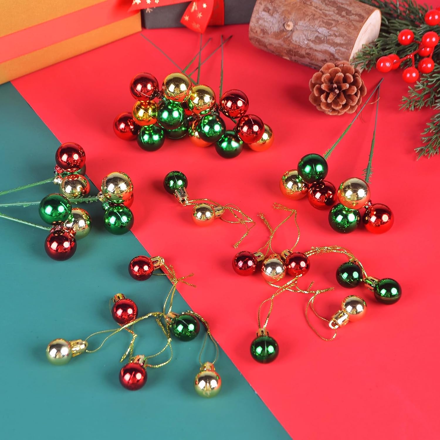 25PCS Christmas Ball Ornaments on Wired Picks Set - Includes 10PCS 7.9IN Christmas Tree Picks Ornaments & 15PCS 0.7IN Mini Xmas Ball Tree Ornament for Red Green Gold Christmas Ornaments Colorful-25pcs