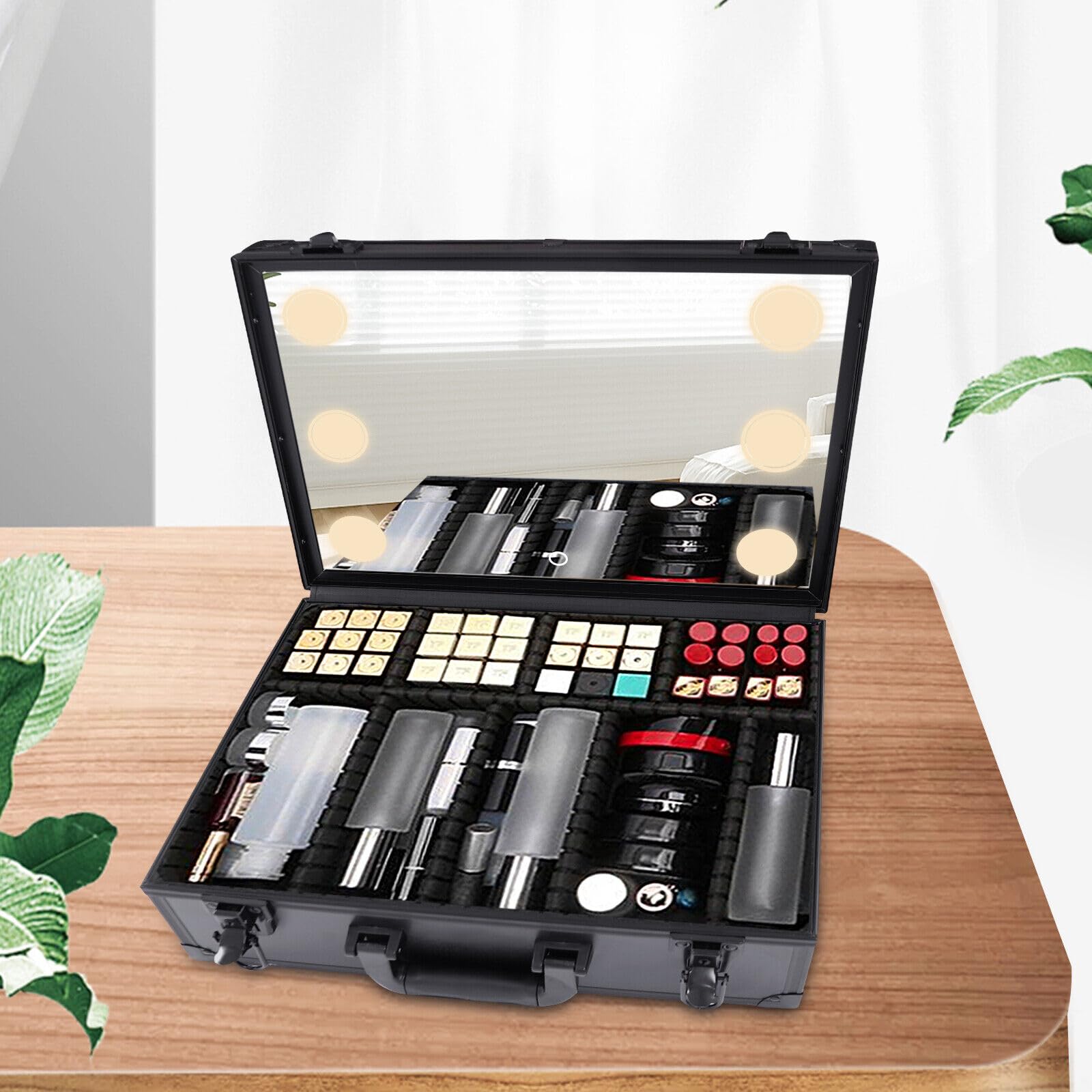 Reise Kosmetik Aufbewahrungsbox Make Up Box Schminkkoffer mit LED Licht Spiegel, geeignet für die Aufbewahrung von Kosmetika, Schmuck, Zubehör ätherischem Öl Toilettenartikeln (42 * 30 * 15cm)