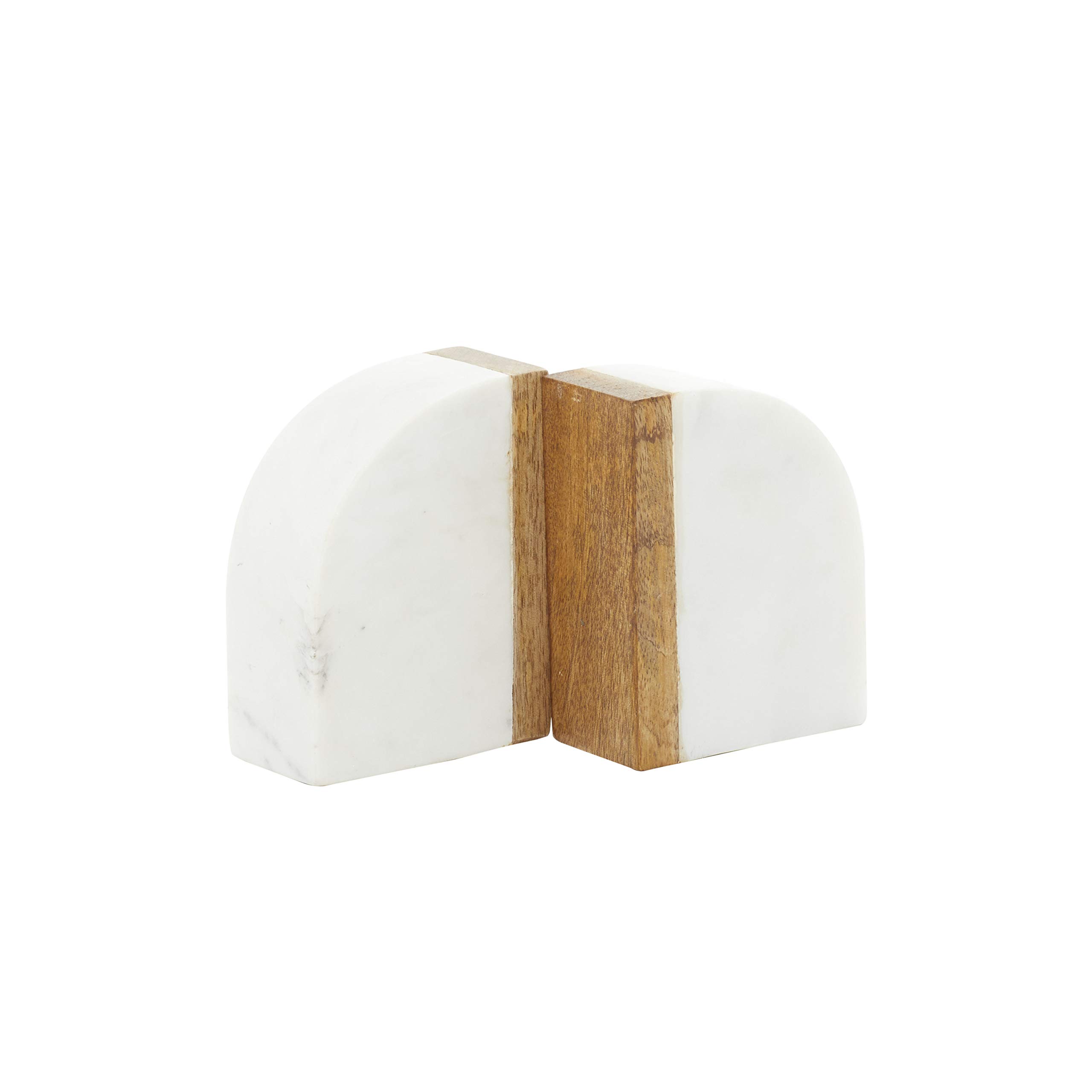 Deco 79 Sujetalibros de mármol con Detalles de Madera, Juego de 2, 4 Pulgadas de Ancho, 5 Pulgadas de Alto, Blanco
