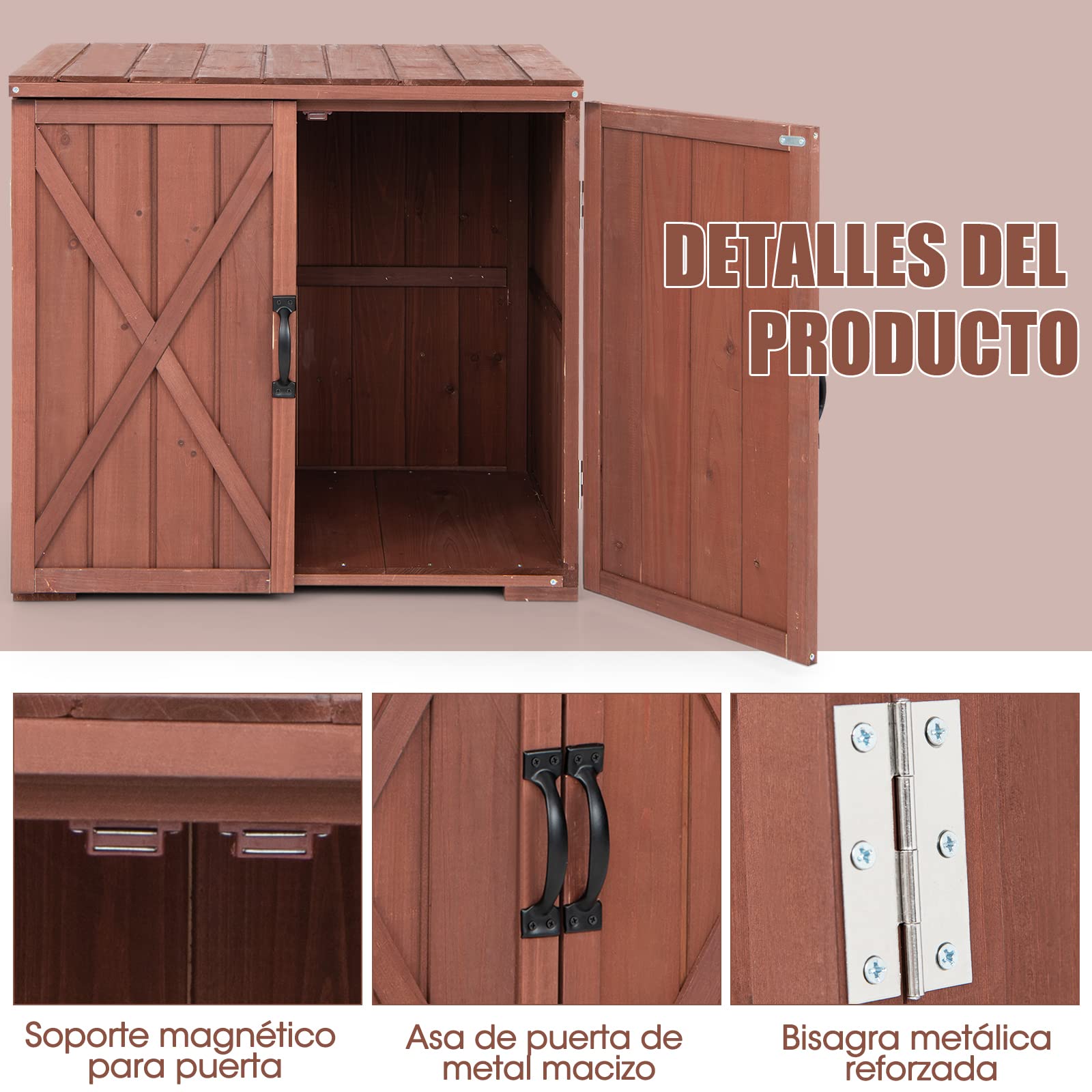 COSTWAY Armario de Almacenamiento de Madera de Abeto para Jardín, Organizador de Herramientas con 2 Puertas de Succión Magnéticas, Cobertizo con Amplio Espacio de Almacenamiento para Patio, Jardín