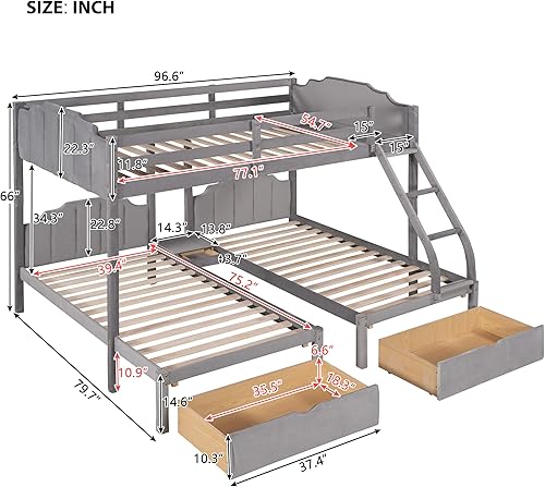 Miniatura 2 de DEINPPA Litera triple de terciopelo con cabecera tapizada litera matrimonial sobre individual y individual con 2 cajones para niños niñas