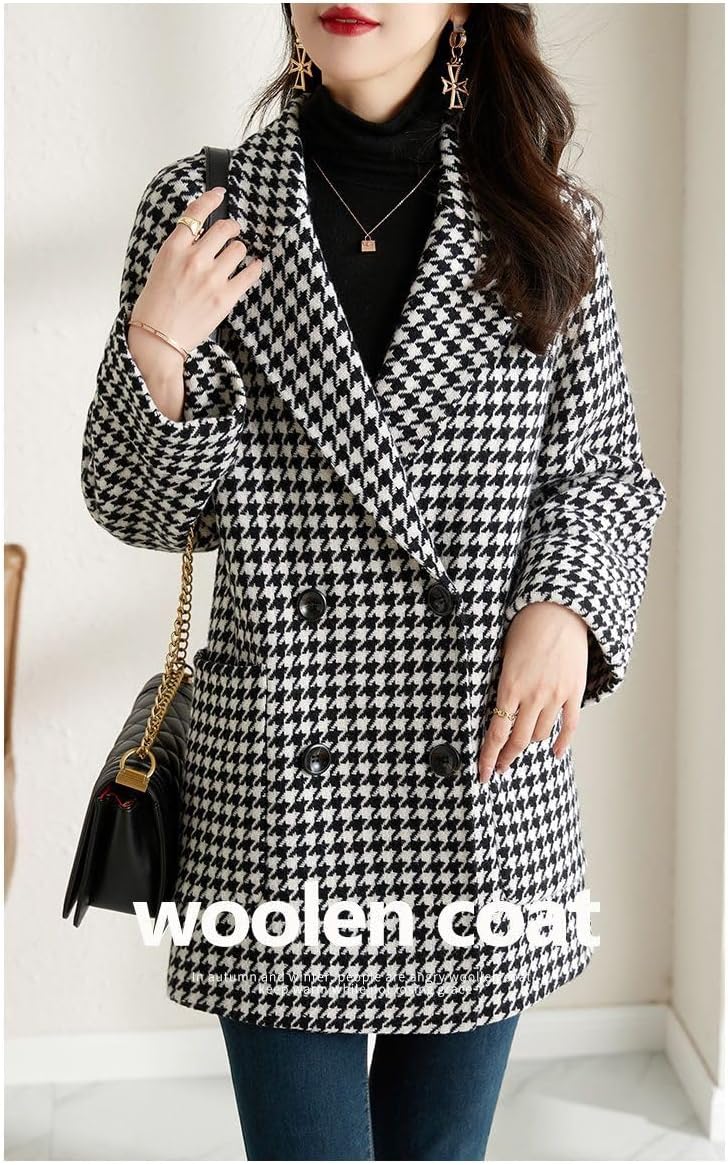 Classic Houndstooth Woolen Coat: A Timeless Look