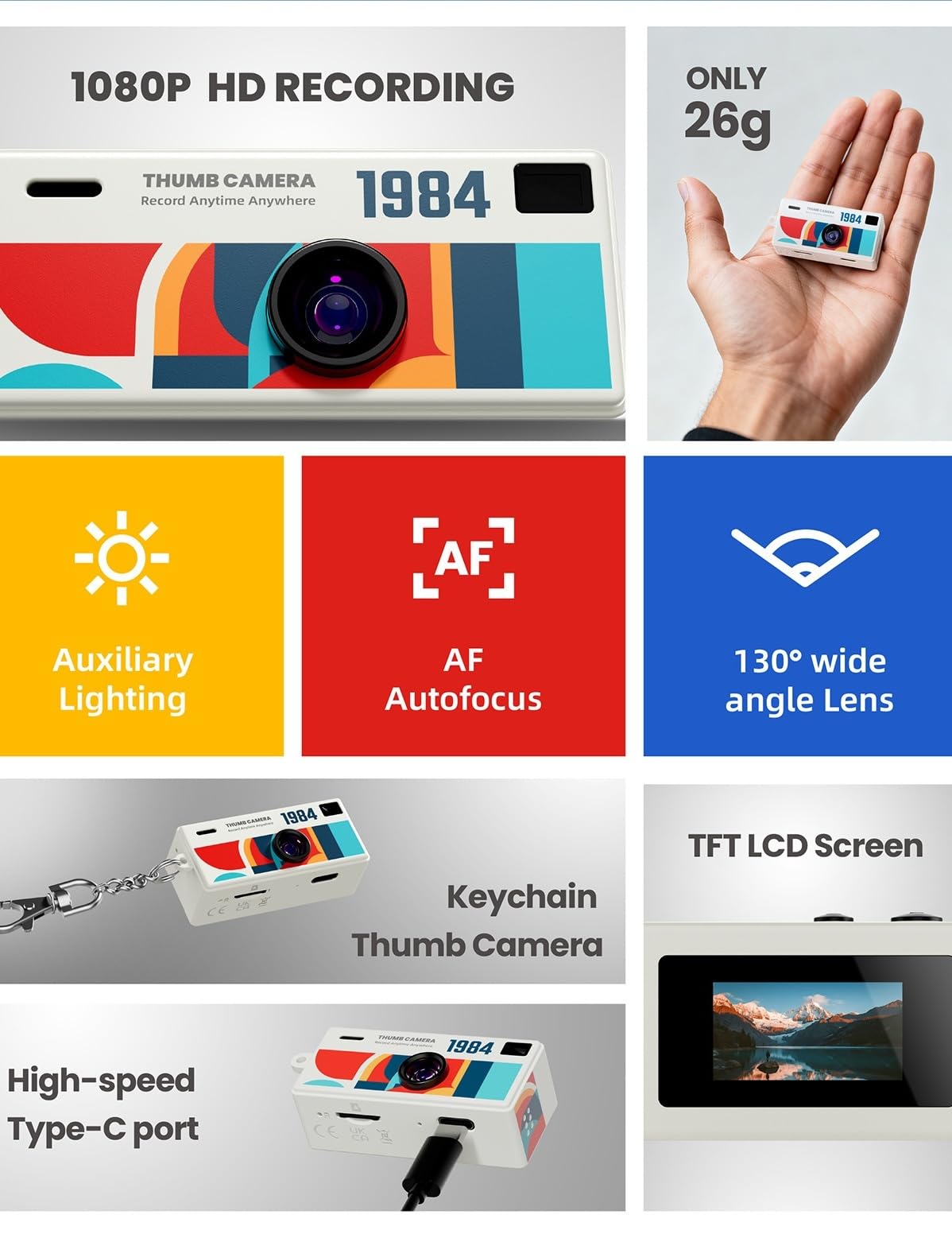 Mini Appareil Photo Numérique Porte-Clés, Caméras Vidéo Compactes avec Carte TF 32 G, Mini Caméra Rétro Porte-Clés, USB-C, Idéal pour Voyages, Vlogging, Divertissement (Jaune)