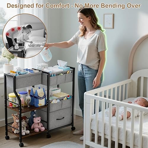 Miniatura 6 de Organizador y almacenamiento de pañales para bebé, carrito con ruedas giratorias de 3 niveles con separadores y estantes, carrito de utilidad de