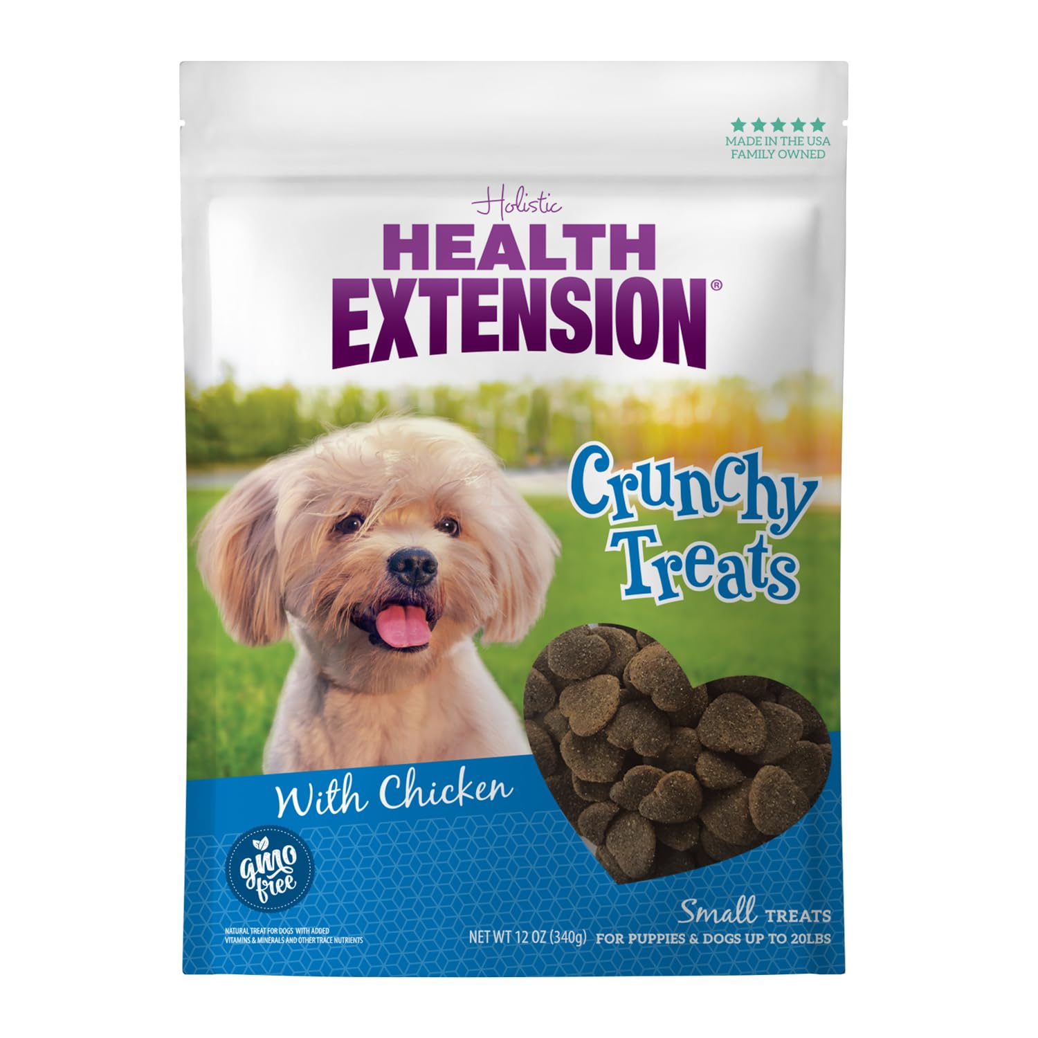 Health Extension Heart-Shaped Crunchy Biscuits, 12oz (340g) – Chicken Flavor, GMO-Free Dog Training Treats for Small Breeds, Added Vitamins & Minerals
