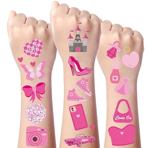 Gameza Tatuajes temporales rosados para niñas Suministros de recuerdos de fiesta rosa intenso, tatuajes temporales para niños, calcomanías de