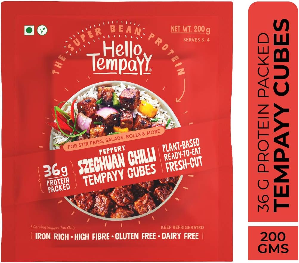 Hello Tempayy- More Nutritious than Paneer & Tofu | Peppery Szechuan Chilli Tempeh | Clean Gut-Friendly Protein | Easy-to-cook | High Fiber & Low Carb- Soyabean Tempeh - 200gm